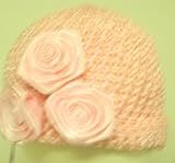 Cp104, Hand Crocheted Pink Color Rayon Wool Polyester Tweed Skull Cap with Three Pink Satin Daisies for Infants and Toddlers