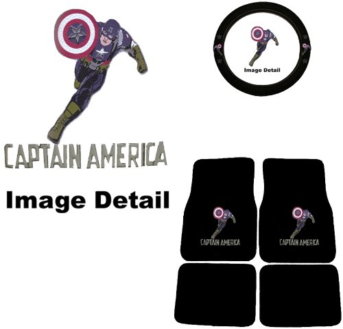  Captain America Marvel Comics Logo Front & Rear Seat Car Truck SUV Carpet Floor Mats w/ Steering Wheel Cover - 5PC
