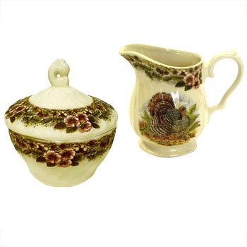 Churchill China Thanksgiving Full Color Turkey Creamer and Covered Sugar Set