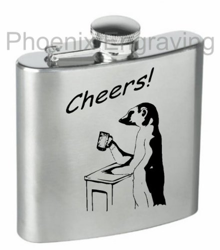 Personalised Engraved 6oz Hip Flask Gift, Meerkat Design, Free Message Engraving