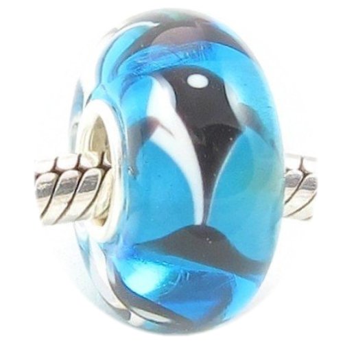 Solid Sterling Silver Core Happy Jumping Dolphin Murano Glass Bead Charm