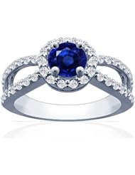 14K White Gold Round Cut Blue Sapphire Ring With Sidestones (GIA Certificate)
