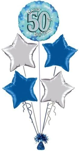 50th BIRTHDAY BLUE & SILVER FOIL HELIUM BALLOON DISPLAY IDEAL FOR PARTY by Giftime and Partytime