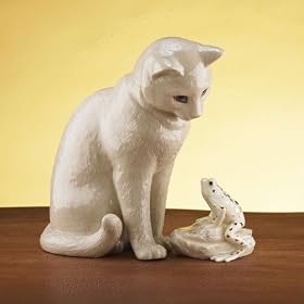 Curious and Cautious Cat and Frog Sculpture