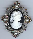 Cameo Brooch in Antique Brass Finish with Brown, White and Pearl Finishing Touches