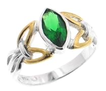 Sterling Silver and Two Tone Gold Accent Celtic Knot Marquise Emerald-Green Glass Ring Size 15(Size 4,5,6,7,8,9,10,11,12,13,14,15)