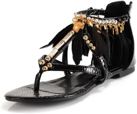 Kvoll Women's Open Toe T-strap Cobra Studded Rhinestones PU Sandals with Bead and Zipper,Black,36
