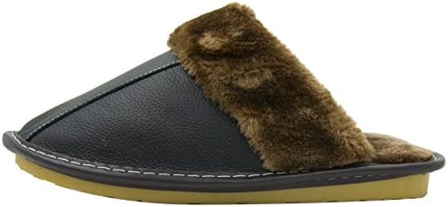 Fur Leather House Home Indoor Outdoor Slippers Shoes Rubber Outsole Men Women Pink Black (10-11 US, Black)