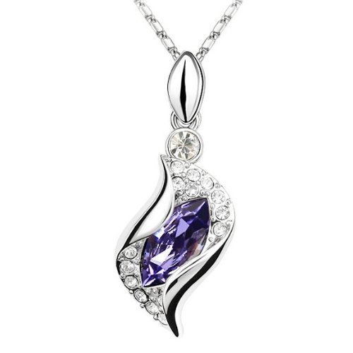 Swarovski Elements Crystals Angel Tear Pendant Necklace Tanzanite / Purple Velvet White Gold Plated