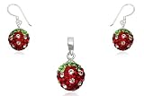 EYS Erdbeer Schmuckset - Ohrhänger und Anhänger - 925er Sterling-Silber mit Swarovski Kristallen besetzt - Erdbeeren