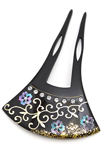 バチ型簪　かんざし　フォーマル　黒　ブラック　花　唐草　螺鈿　貝細工　ラインストーン　蒔絵調　ラメ