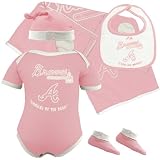 Atlanta Braves Baby Girl Pink Onesie, Blanket, Bib, Cap, and Booties Gift Set, 6-9 mos