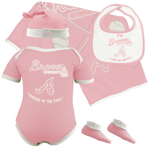 Atlanta Braves Baby Girl Pink Onesie, Blanket, Bib, Cap, and Booties Gift Set, 6-9 mos