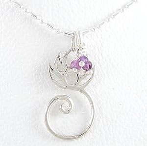 Lotus Flower Charm Holder or Pendant in Sterling Silver with Amethyst Gemstone Beads on an 18" Bead Chain, #8436