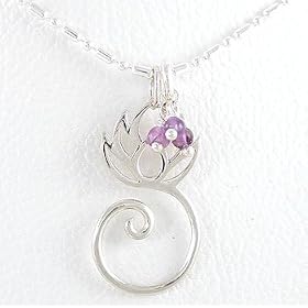 Lotus Flower Charm Holder or Pendant in Sterling Silver with Amethyst Beads on 18