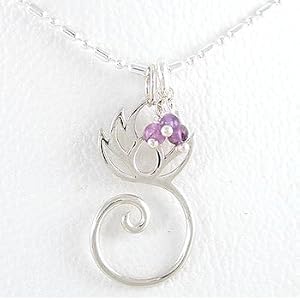Buy Lotus Flower Charm Holder or Pendant in Sterling Silver with Amethyst Beads on 18 Ball Chain, #8436