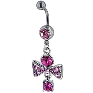 Pugster Mothers Day Gifts Christmas Gifts Belly Button Rings Pink Crystal Bow Dangle Beaded Bangle Bracelets Belly Navel Ring Body Jewelry