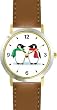 Two Penguins each in Christmas Scarf - JP - WATCHBUDDY&reg; DELUXE TWO-TONE THEME WATCH - Arabic Numbers - Brown Leather Strap-Size-Women's Size-Small