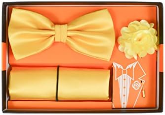 Microfiber Yellowish Gold Matching Pretied Bow Tie, Hanky and Lapel Pin Box Set
