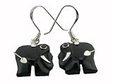 Onyx Lucky Elephant Earrings, 925 Sterling Silver