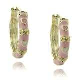 14k Gold Overlay Pink Enamel Heart Design Children's Hoop Earrings