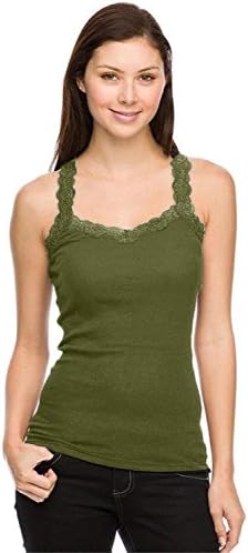 Women's Lace Trim 100% Cotton Ribbed Racerback Tank Top CACTUS S