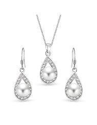 Bling Jewelry 925 Silver Genuine Freshwater Pearl Teardrop Earrings Necklace Bridal Jewelry Set 16in