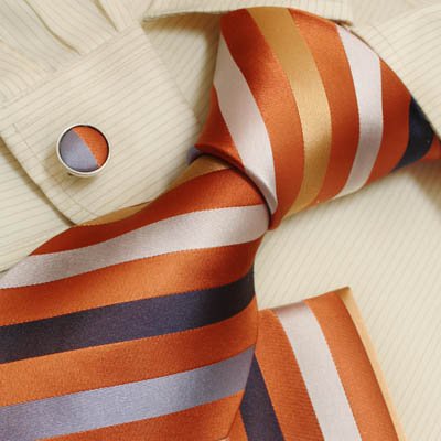 Orange Ties for Men White Stripes Tie Handkerchiefs Cufflinks Set with Gift Box By Y&g H5047