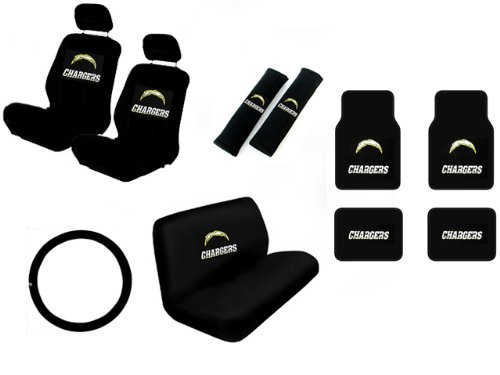 15 Piece NFL Auto Interior Gift Set - San Diego Chargers - A Set of 2 Seat Covers, 1 Rear Bench Cover, 1 Steering Wheel, A Set of 2 Seat Belt Pads, and A Set of 4 Plush Carpet Floor Mats