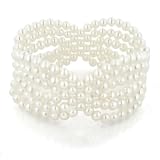 6-Row White Freshwater Cultured Pearl Woven Design Stretch Bracelet