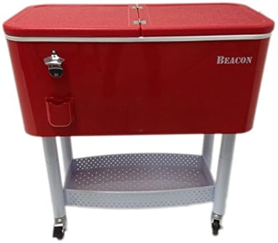 BEACON Rolling Party Cooler, Red Steel with metal storage, Stand & Wheel