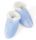 Kiddopotamus & Co Sherpa Bootties Blue Faux Suede And Ivory Faux Fur Medium 6 - 12 Months With Teddy Bear Applique