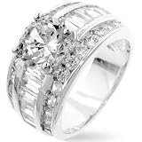 White Gold Rhodium Classic Anniversary Ring with 2 Carat Centerpiece Crowned on Step Baguette and Channel Set Round CZ in Silvertone