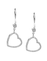 14K White Gold Diamond Heart Dangle Earrings (1/3Cttw, SI Clarity, H Color)
