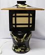 Asian style lantern table accent lamp - black lacquer with hand painted flying crane design on porcelain body