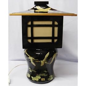 Asian style lantern table accent lamp - black lacquer with hand painted flying crane... by Reorient