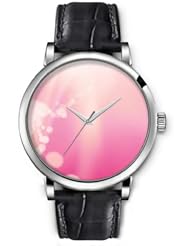 SPRAWL Aanalog Fashion Series Silver Ladies Watches of Genuine Black Leather Strap,Unique Wrist Watch for Women Girls Designed with White circles background pink