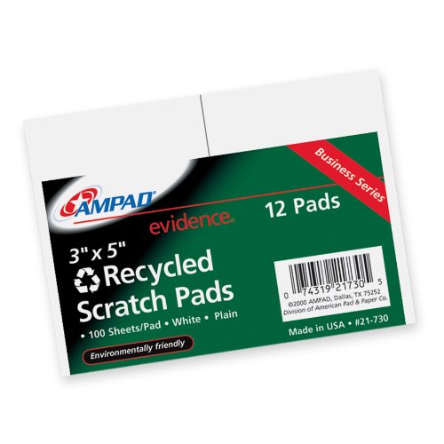 Ampad 21-730R Recycled Scratch Pad Notebook, Unruled, 3x5 Inches, White, 100 Sheets per Pad - 12 Pads per Pack