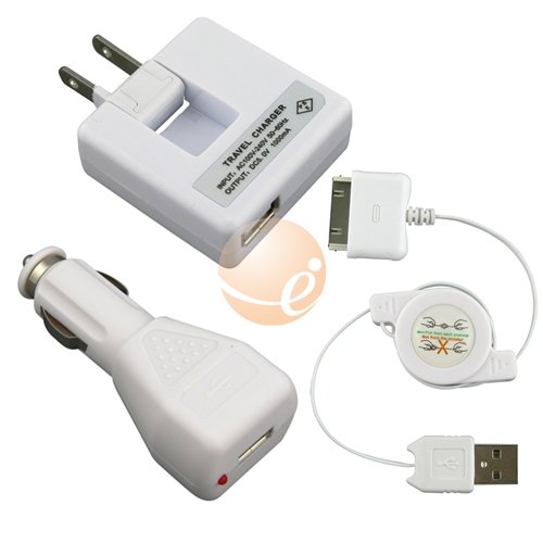Retractable Hotsysnc & Charging USB Data Cable + USB Car Charger + USB Home Travel Charger for Apple iPhone 3G / Apple iPhone 3GS