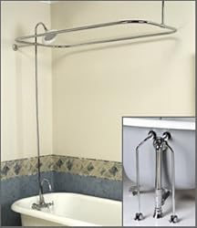 Complete Satin Nickel Add-on Shower Combo Set for Clawfoot Tub - Faucet, Riser, Shower Rod, Drain, Lines