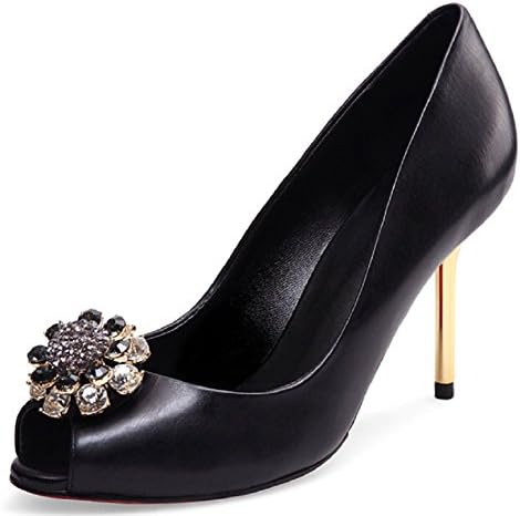 ReesTale Spring and summer han edition shallow water to the fish mouth high-heeled shoes Black leather fine mouth with women's shoes Black 38 M EU/7B(M) US
