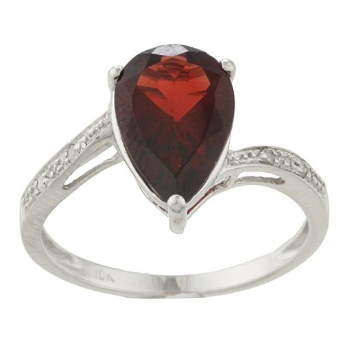 10k White Gold Pear Garnet and Diamond Ring