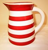 Ronnie's Terramoto Ceramic, Large Pitcher 3 Quarts, Tomato Red Wide Stripes