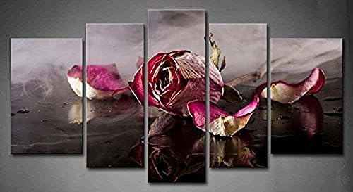 Flora Woods Painting 5 Panels Black And White &amp; Red A Dried Rose Dark Foggy Water Painting Print On Canvas Flower Picture Modern Painting