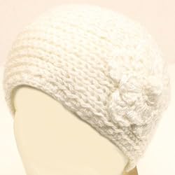 Adjustable Hand Knit Headwrap Headband Chunky Flower Wide Solid White