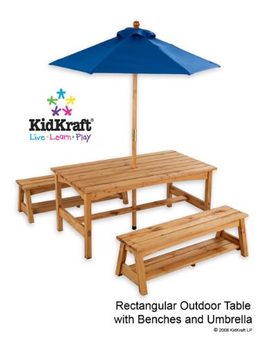 Table and Benches with Blue Umbrella, by Kidkraft
