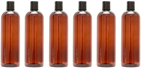 16 Oz Plastic Amber PET Cosmo Round Bottles with Black Self Sealing Caps (Case of 6)