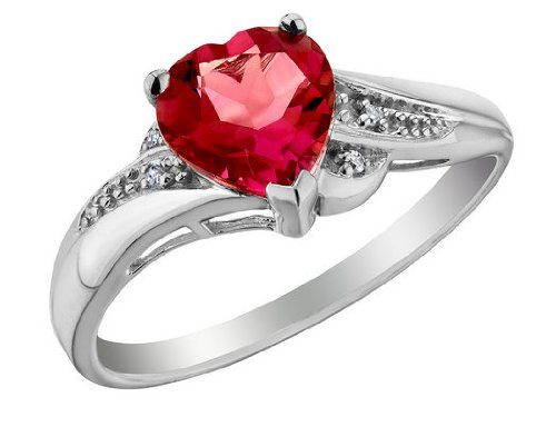 Created Ruby Heart Promise Ring with Diamonds 7/8 Carat (ctw) in 10K White Gold, Size 5.5