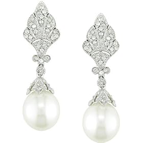 Fan Design Pearl Drop Earrings with Diamond Accents