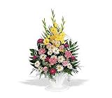Sympathy White Dasies, Yellow Gladioli and Pink Carnation Flowers Basket of Faith